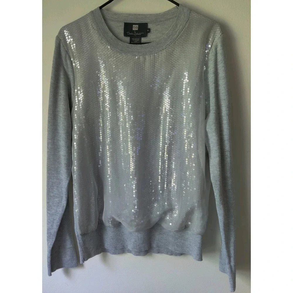 Debbie Shuchat Women's Sweater Gray‎ Sequined Crew Neck Pullover Artsy Size XL